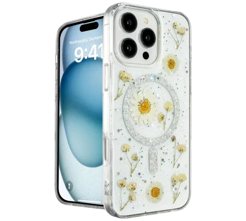 Apple iPhone 16 Pro Kılıf Daisy Simli Magsafe Kapak - Gümüş
