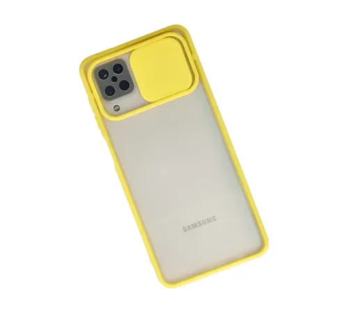 Samsung Galaxy A12 Kılıf Palm Buzlu Kamera Sürgülü Silikon - Sarı