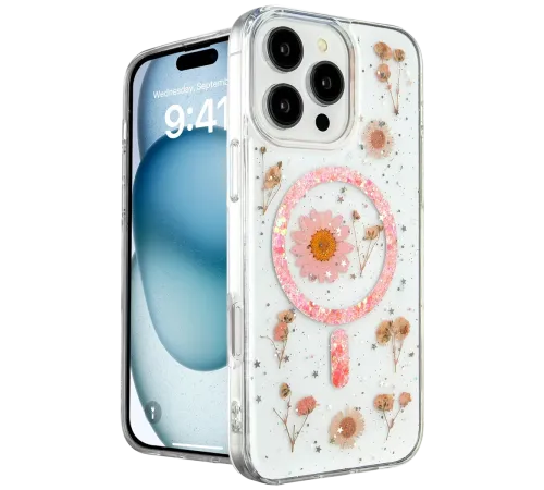 Apple iPhone 16 Pro Max Kılıf Daisy Simli Magsafe Kapak - Pembe