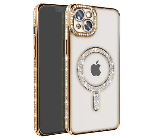 Apple iPhone 14 Kılıf Joke Simli Magneticsafe Kılıf - Gold