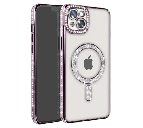 Apple iPhone 14 Kılıf Joke Simli Magneticsafe Kılıf - Derin Mor