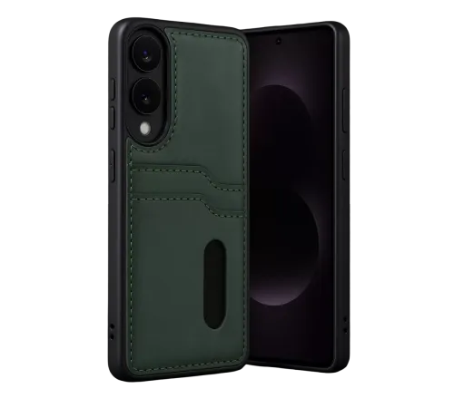 Samsung Galaxy S25 Edge Sara Kartvizitli Deri Kılıf - Koyu Yeşil