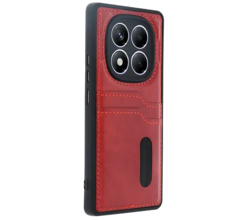 Xiaomi Redmi Note 14 Pro 5G Kılıf Sara Kartvizitli Deri Kılıf - Kırmızı