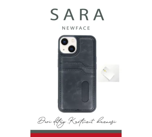 Apple iPhone 14 Kılıf Sara Kartvizitli Deri Kılıf - Siyah