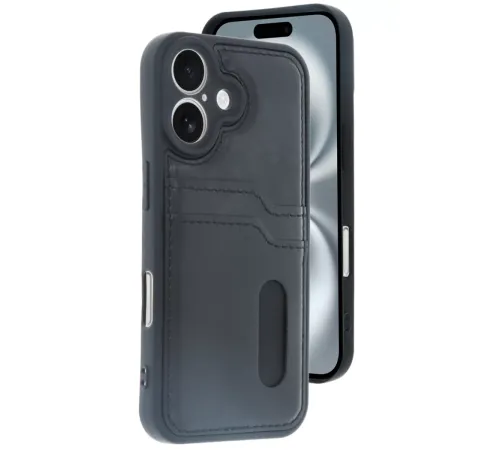 Apple iPhone 16 Kılıf Sara Kartvizitli Deri Kılıf - Siyah