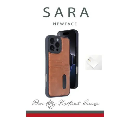 Apple iPhone 16 Pro Max Kılıf Sara Kartvizitli Deri Kılıf - Taba