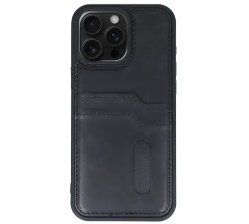 Apple iPhone 15 Pro Max Kılıf Sara Kartvizitli Deri Kılıf - Siyah