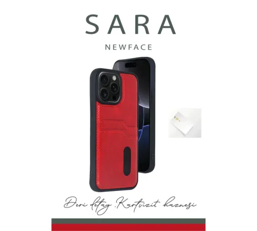 Apple iPhone 14 Pro Max Kılıf Sara Kartvizitli Deri Kılıf - Kırmızı