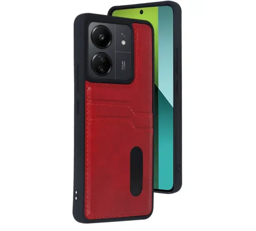 Xiaomi Redmi 13C Kılıf Sara Kartvizitli Deri Kılıf - Kırmızı