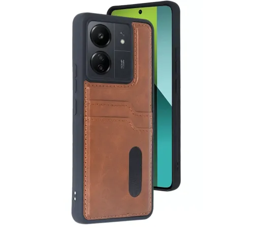 Xiaomi Redmi 13C Kılıf Sara Kartvizitli Deri Kılıf - Taba