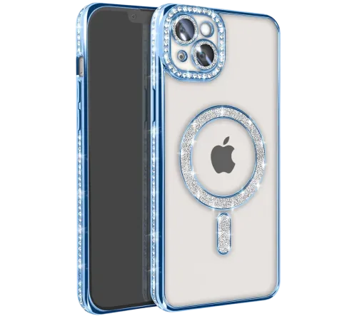 Apple iPhone 15 Kılıf Joke Simli Magneticsafe Kılıf - Mavi