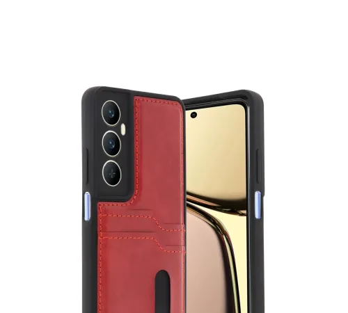 Realme C65 Sara Kartvizitli Deri Kılıf - Kırmızı
