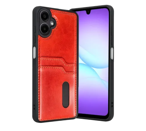 Samsung Galaxy A07 4G Sara Kartvizitli Deri Kılıf - Kırmızı