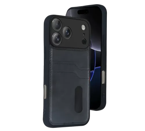 Apple iPhone 17 Pro Sara Kartvizitli Deri Kılıf - Siyah