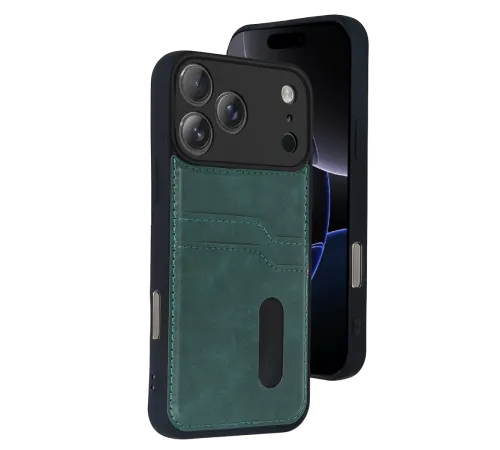 Apple iPhone 17 Pro Sara Kartvizitli Deri Kılıf - Yeşil