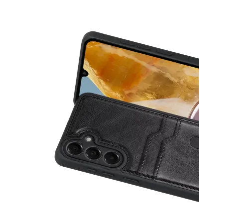 Samsung Galaxy M15 Sara Kartvizitli Deri Kılıf - Siyah