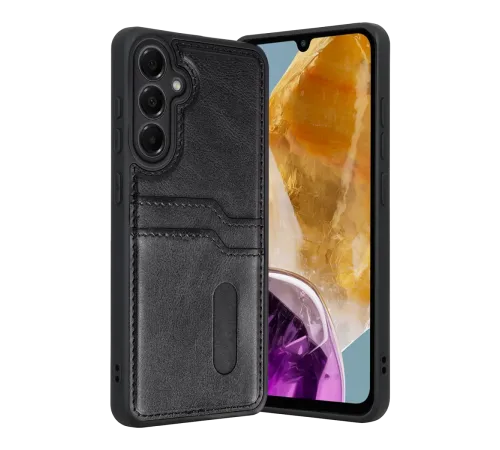 Samsung Galaxy M15 Sara Kartvizitli Deri Kılıf - Siyah