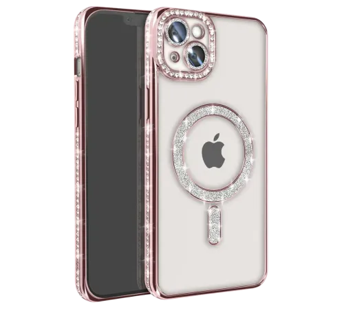 Apple iPhone 15 Kılıf Joke Simli Magneticsafe Kılıf - Pembe
