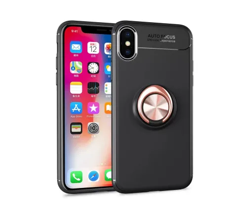 Apple iPhone XS Max Kılıf Range Yüzüklü Silikon - Siyah-Gold