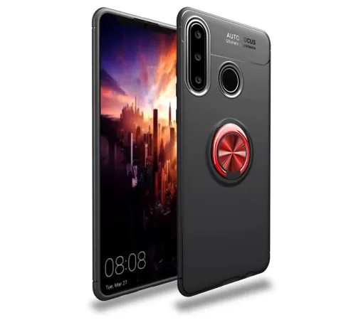 Huawei Y6P Kılıf Range Yüzüklü Silikon - Siyah-Kırmızı