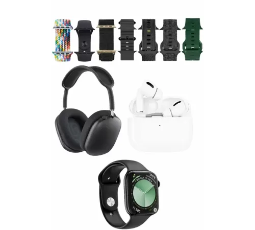 K32 Kombo 7 Adet Kordon Akıllı Saat Airpods Kulaklık Kafa Üstü Kablosuz Kulaklık Set - Siyah
