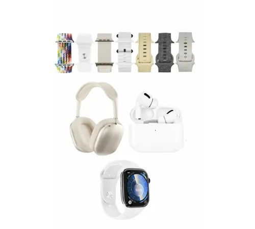 K32 Kombo 7 Adet Kordon Akıllı Saat Airpods Kulaklık Kafa Üstü Kablosuz Kulaklık Set - Beyaz