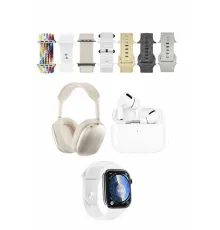 K32 Kombo 7 Adet Kordon Akıllı Saat Airpods Kulaklık Kafa Üstü Kablosuz Kulaklık Set - Beyaz