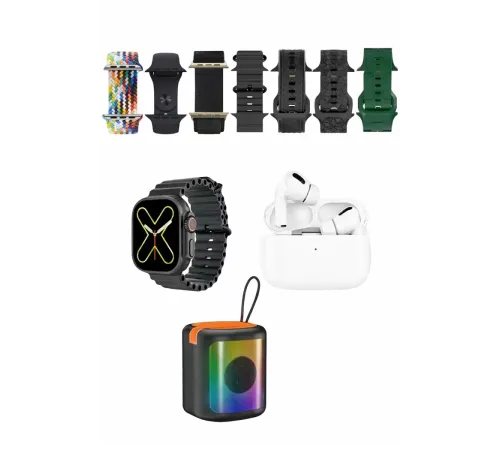 K28 Kombo 7 Adet Kordon Akıllı Saat Airpods Kulaklık Kablosuz Hoparlör Set - Siyah
