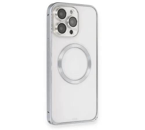 iPhone 15 Pro Max Kılıf Metal Bumper Magneticsafe Kapak - Gri