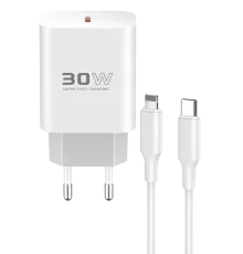 C87C 30W Type-C Çıkışlı Ekstra DL50 1M Type-C to Lightning Kablolu PD Şarj Cihazı - Beyaz