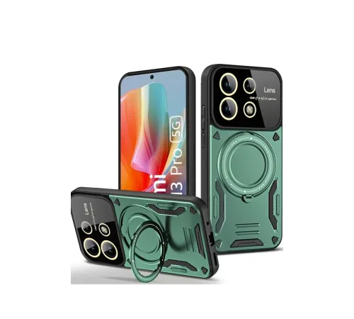 Xiaomi Redmi Note 13 Pro 4G Kılıf Joy Lens Standlı Kapak - Koyu Yeşil