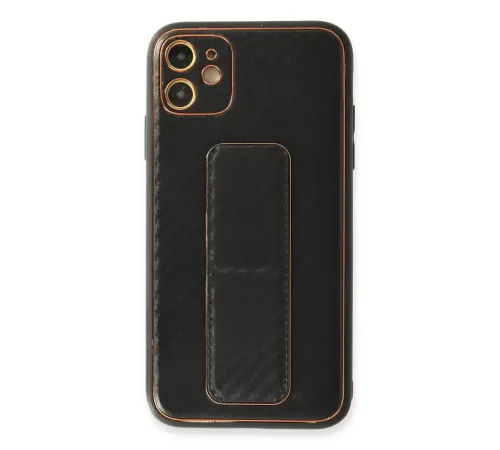 Apple iPhone 12 Kılıf Coco Karbon Standlı Kapak - Siyah