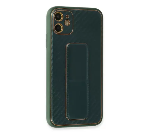 Apple iPhone 12 Kılıf Coco Karbon Standlı Kapak - Yeşil
