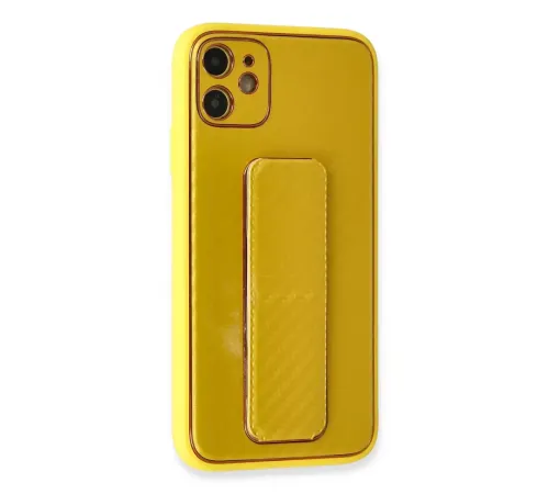 Apple iPhone 12 Kılıf Coco Karbon Standlı Kapak - Sarı