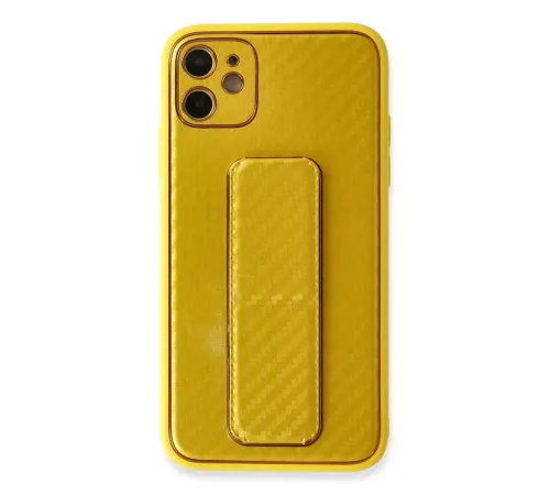 Apple iPhone 12 Kılıf Coco Karbon Standlı Kapak - Sarı