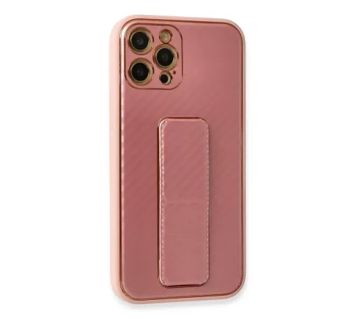 Apple iPhone 12 Pro Kılıf Coco Karbon Standlı Kapak - Pembe