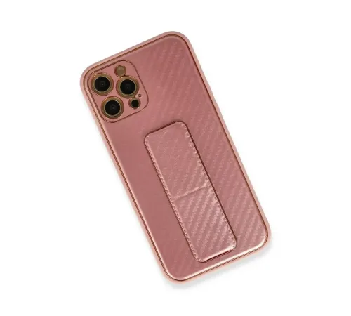 Apple iPhone 12 Pro Kılıf Coco Karbon Standlı Kapak - Pembe
