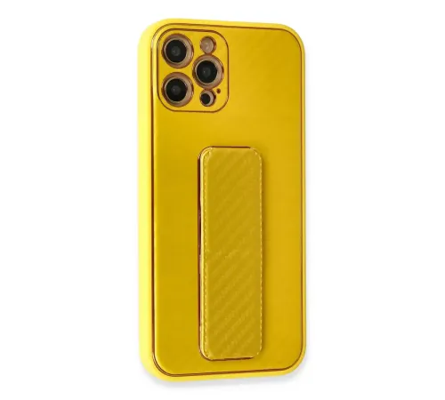 Apple iPhone 12 Pro Max Kılıf Coco Karbon Standlı Kapak - Sarı