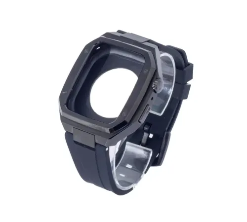 Apple Watch 44mm KR402 Metal Kasa Silikon Kordon - Siyah
