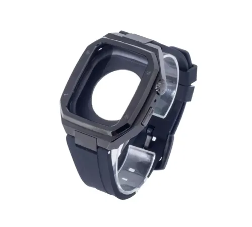 Apple Watch 45mm KR402 Metal Kasa Silikon Kordon - Siyah