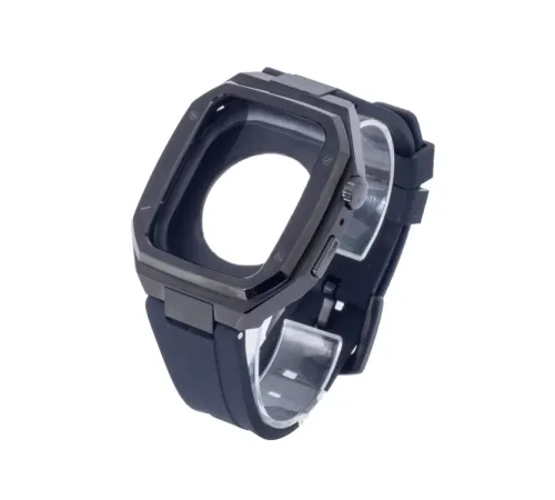 Apple Watch 45mm KR402 Metal Kasa Silikon Kordon - Siyah