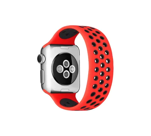 Apple Watch 42mm Ayarlı Delikli Silikon Kordon - Kırmızı-Siyah