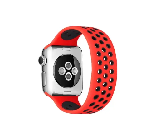Apple Watch 38mm Ayarlı Delikli Silikon Kordon - Kırmızı-Siyah