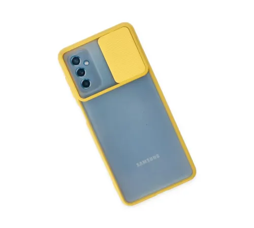 Samsung Galaxy M52 5G Kılıf Palm Buzlu Kamera Sürgülü Silikon - Sarı
