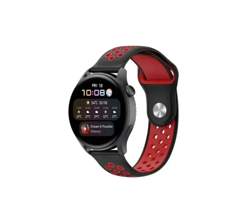 Watch 22mm Spor Delikli Kordon - Siyah-Kırmızı