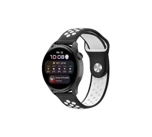 Watch 22mm Spor Delikli Kordon - Siyah-Beyaz