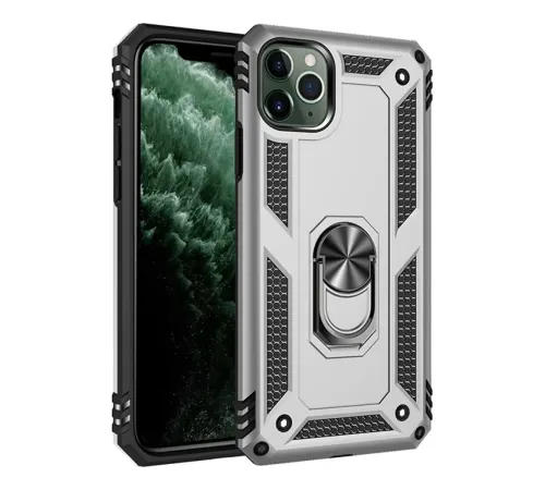 Apple iPhone 11 Pro Max Kılıf Sofya Yüzüklü Silikon Kapak - Gümüş