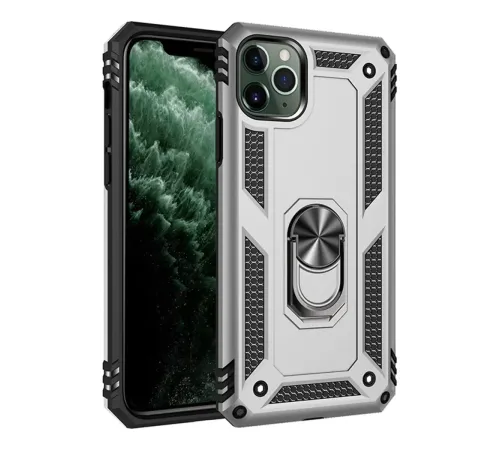 Apple iPhone 11 Pro Max Kılıf Sofya Yüzüklü Silikon Kapak - Gümüş