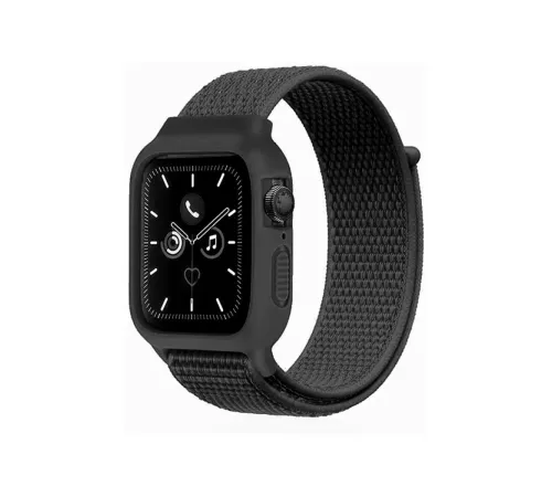 Apple Watch 38mm Hasırlı Cırtcırtlı Kasalı Kordon - Siyah