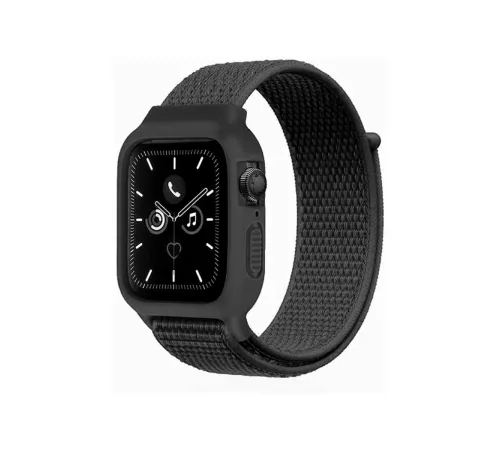 Apple Watch 38mm Hasırlı Cırtcırtlı Kasalı Kordon - Siyah